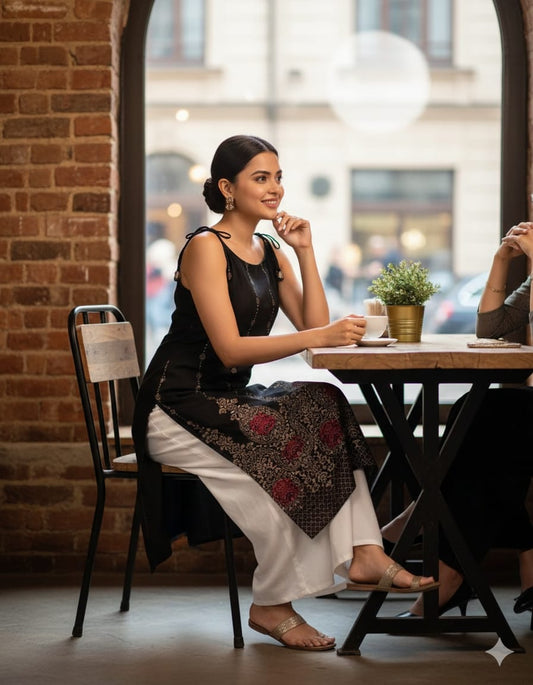 SLEVELESS KURTI WT BLK GOLD PRINT