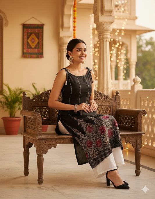 SLEVELESS KURTI WT BLK GOLD PRINT