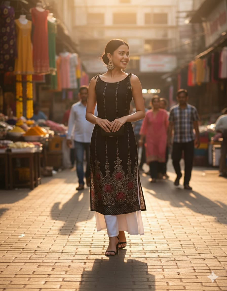 SLEVELESS KURTI WT BLK GOLD PRINT