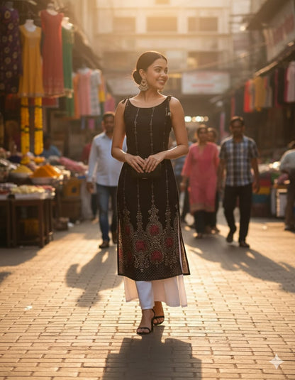 SLEVELESS KURTI WT BLK GOLD PRINT