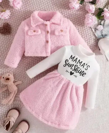 Baby Girls Winter Coat + Letter Print Long Sleeve Dress Two-piece Outdoor Set , Outdoor Cloth